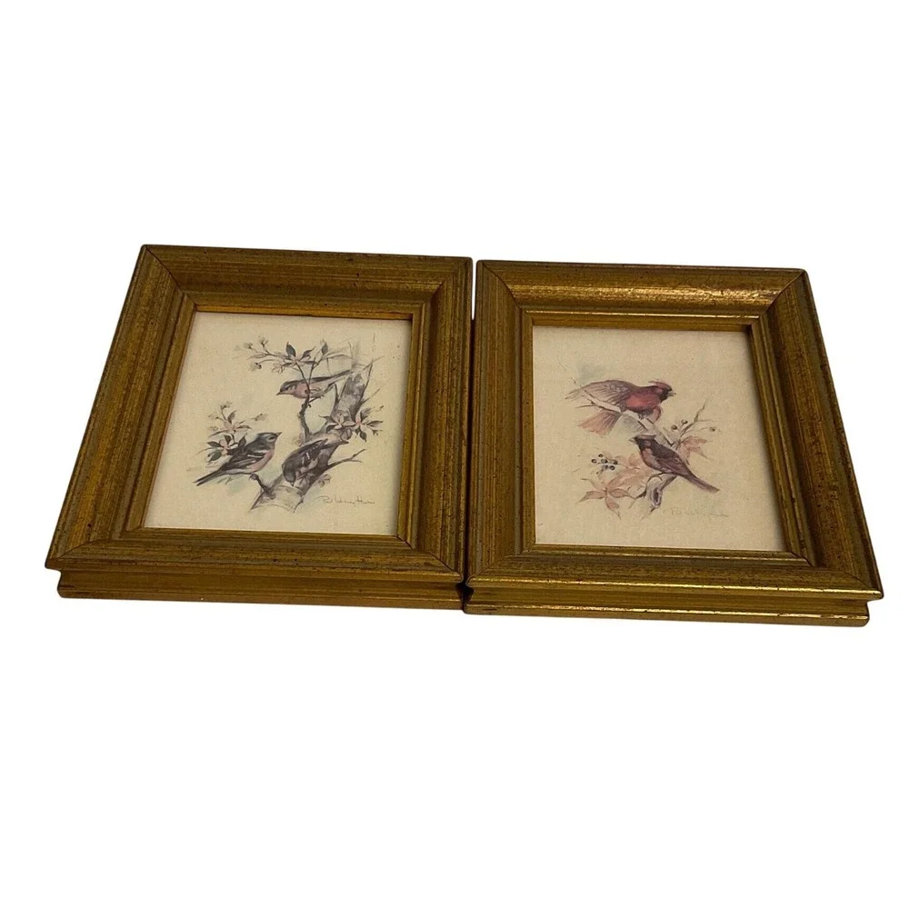 Vintage Paul Whitney Hunter Framed Bird Prints Set of 2 Cardinals Songbirds Gold